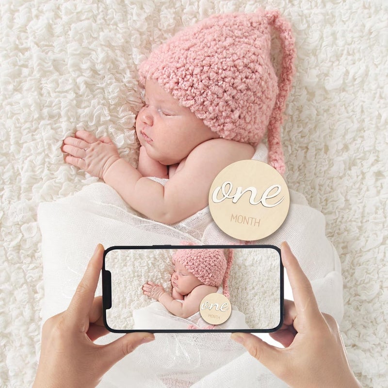 ITDYB Baby Monthly Milestone Marker Discs - Wooden 3D Double-Sided Baby Announcement Sign, Gender Neutral Announcement Cards for Newborn Boys and Girls 1-12 Months Photography Props - Image 4